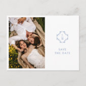 青と白結婚のフローラモノグラムの結婚の 案内ポストカード (正面)