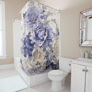 青と白絵画のChinoiserie Peony's シャワーカーテン