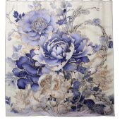 青と白絵画のChinoiserie Peony's シャワーカーテン (正面)