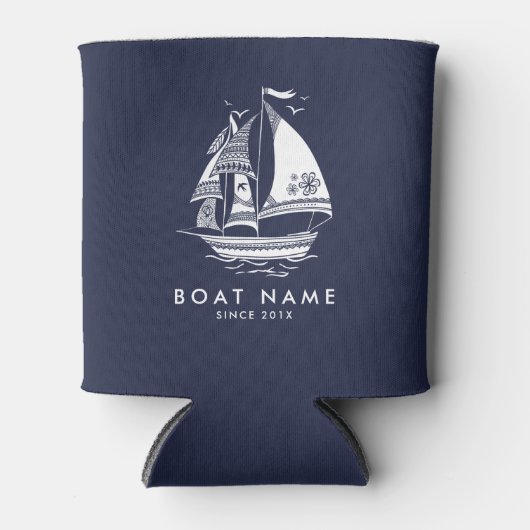 青と白航海のの風帆船 缶クーラー (正面)