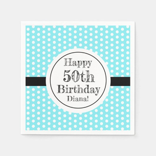 青と白50番目の誕生日水玉模様 スタンダードカクテルナプキン (正面)