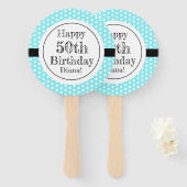 青と白50番目の誕生日水玉模様 ハンドファン (正面&裏面)