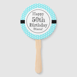 青と白50番目の誕生日水玉模様 ハンドファン