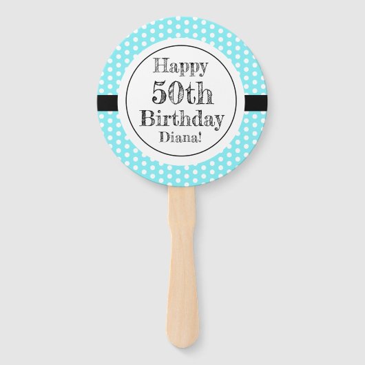 青と白50番目の誕生日水玉模様 ハンドファン (正面)