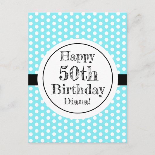青と白50番目の誕生日水玉模様 ポストカード (正面)