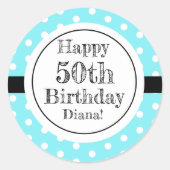 青と白50番目の誕生日水玉模様 ラウンドシール (正面)