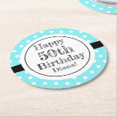 青と白50番目の誕生日水玉模様 ラウンドペーパーコースター (アングル)