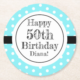 青と白50番目の誕生日水玉模様 ラウンドペーパーコースター