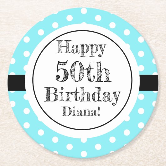 青と白50番目の誕生日水玉模様 ラウンドペーパーコースター (正面)