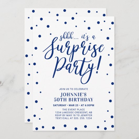 青と白 |サプライズ大人の誕生日パーティー 招待状 (正面/裏面)