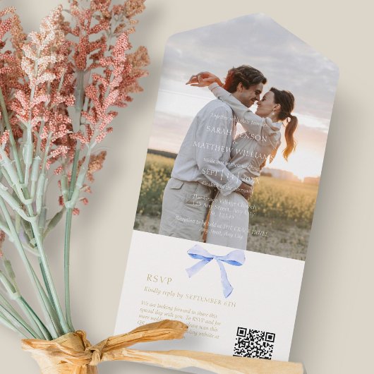 青と白 |トレンディー結婚リボンのOR オールインワン招待状