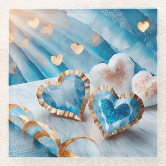 青と白、金ゴールドエッジハート ガラスコースター (正面)