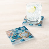 青と白、金ゴールドエッジハート ガラスコースター (アングル)