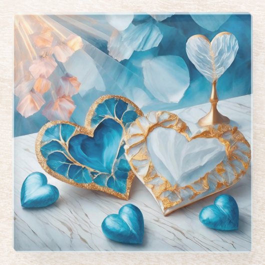 青と白、金ゴールドエッジハート ガラスコースター (正面)