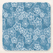 青と白、青、花、フローラ、素朴なファ スクエアペーパーコースター (正面)