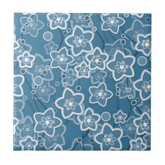 青と白、青、花、フローラ、素朴なファ タイル (正面)