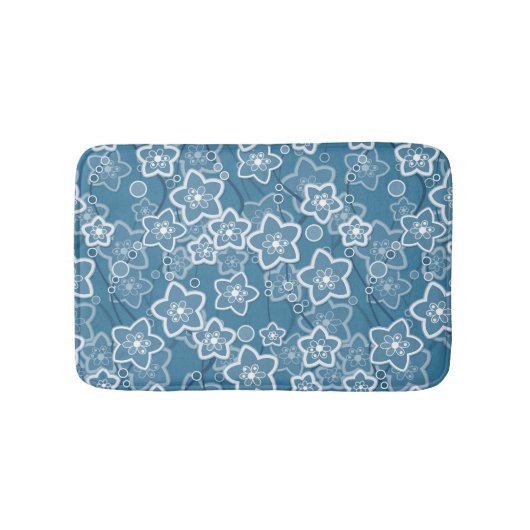 青と白、青、花、フローラ、素朴なファ バスマット (正面)