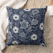 青と白bohoのフローラお洒落ブロックプリント クッション (ブランケット)