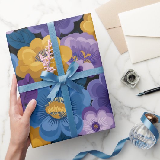 青と紫と黄色のレトロな70年代の花柄 ラッピングペーパー (ギフト)