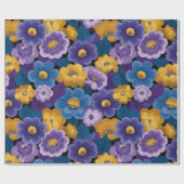 青と紫と黄色のレトロな70年代の花柄 ラッピングペーパー (フラット)