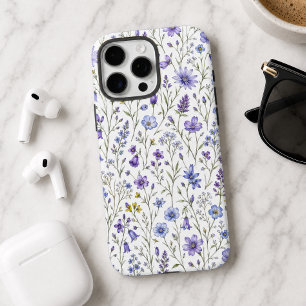 青と紫と黄色の水彩画の野の花模様 iPhone 16 PRO MAXケース
