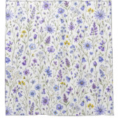 青と紫と黄色の水彩画風の野生の花の模様 シャワーカーテン (正面)