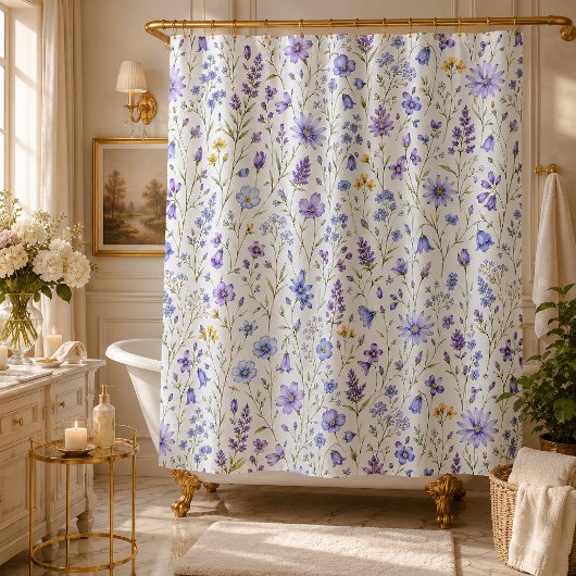 青と紫と黄色の水彩画風の野生の花の模様 シャワーカーテン