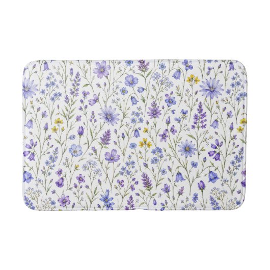 青と紫と黄色の水彩野の花模様 バスマット (正面)