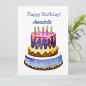 青と紫のお誕生日ケーキフラットカード (スタンド正面)