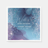 青と紫のアルコールインキとグリッター神秘的 スタンダードカクテルナプキン (正面)