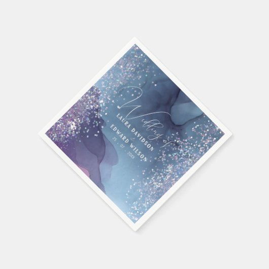 青と紫のアルコールインキとグリッター神秘的 スタンダードカクテルナプキン (角)