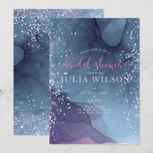 青と紫のアルコールインクにグリッター ミスティック 招待状 (正面/裏面)