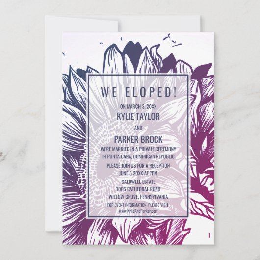 青と紫のオンブルヒマワリの小さな結婚式の披露宴 招待状 (正面)