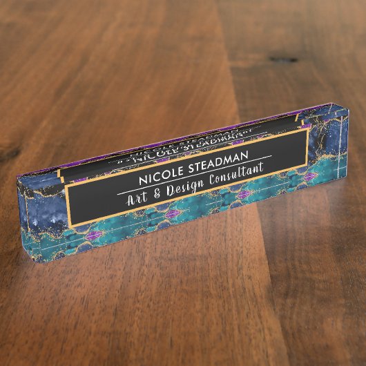青と紫のグリッターピーコックアゲートスクエア デスクネームプレート (側面)