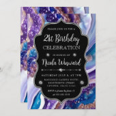 青と紫のグリッター大理石アゲート21st誕生日 招待状 (正面/裏面)