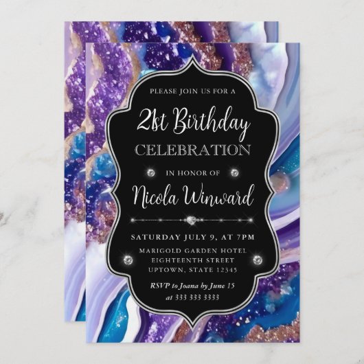 青と紫のグリッター大理石アゲート21st誕生日 招待状 (正面/裏面)