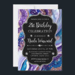 青と紫のグリッター大理石アゲート21st誕生日 招待状<br><div class="desc">青、ピンクエレガント、紫のグリッターの大理石のアゲートパターンとダイヤモンドクリップアートとヴィンテージフレーム</div>