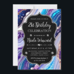 青と紫のグリッター大理石アゲート21st誕生日 招待状<br><div class="desc">青、ピンクエレガント、紫のグリッターの大理石のアゲートパターンとダイヤモンドクリップアートとヴィンテージフレーム</div>