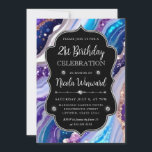 青と紫のグリッター大理石アゲート21st誕生日 招待状<br><div class="desc">青、ピンクエレガント、紫のグリッターの大理石のアゲートパターンとダイヤモンドクリップアートとヴィンテージフレーム</div>