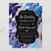 青と紫のグリッター大理石アゲート21st誕生日 招待状 (正面/裏面)