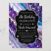 青と紫のグリッター大理石アゲート21st誕生日 招待状 (正面/裏面)