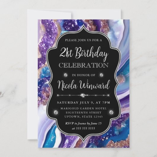青と紫のグリッター マーブル アゲート 21歳の誕生日 招待状 (正面)