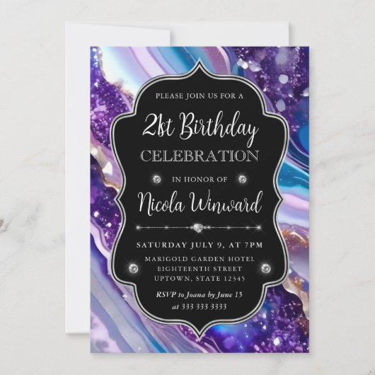 青と紫のグリッター マーブル アゲート 21歳の誕生日 招待状 (正面)