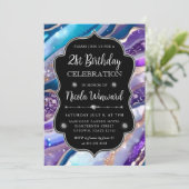 青と紫のグリッター マーブル アゲート 21歳の誕生日 招待状 (スタンド正面)
