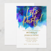 青と紫のゴージャスなパーティー招待状（金アクセント付き） 招待状 (正面/裏面)