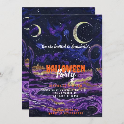 青と紫のスカイクレセントムーンハローウィンパーティ 招待状 (正面/裏面)