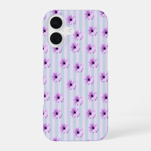 青と紫のストライプのデイジー模様 iPhone 16ケース (裏面)