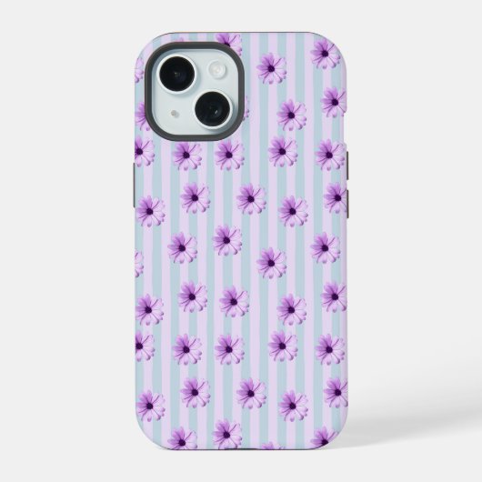 青と紫のデイジー柄 iPhone 15ケース (裏面)