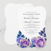 青と紫のバラのエンゲージメントパーティー。花の 招待状 (正面/裏面)