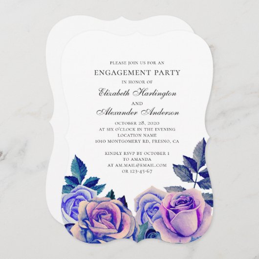 青と紫のバラ婚約パーティ。フローラ 招待状 (正面/裏面)